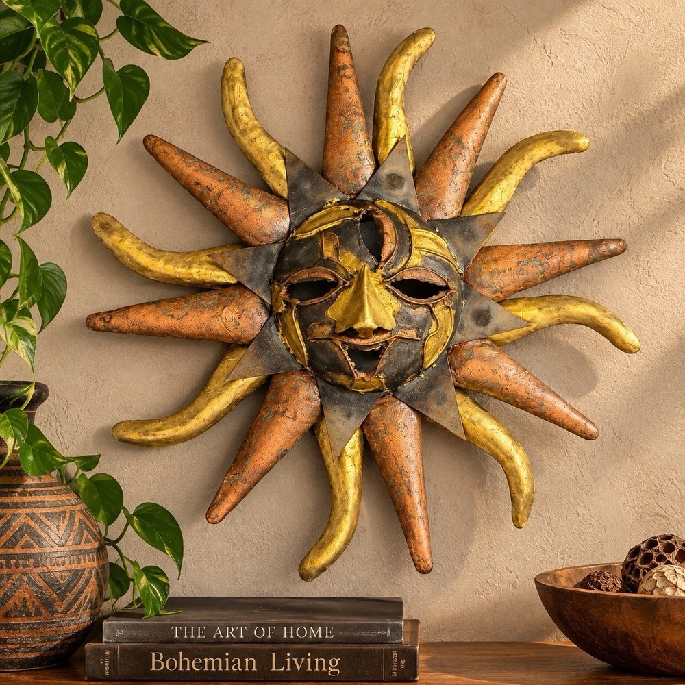 Vintage 16" Metal Sun Face Wall Art Brass Copper Tone Celestial Folk Art Decor